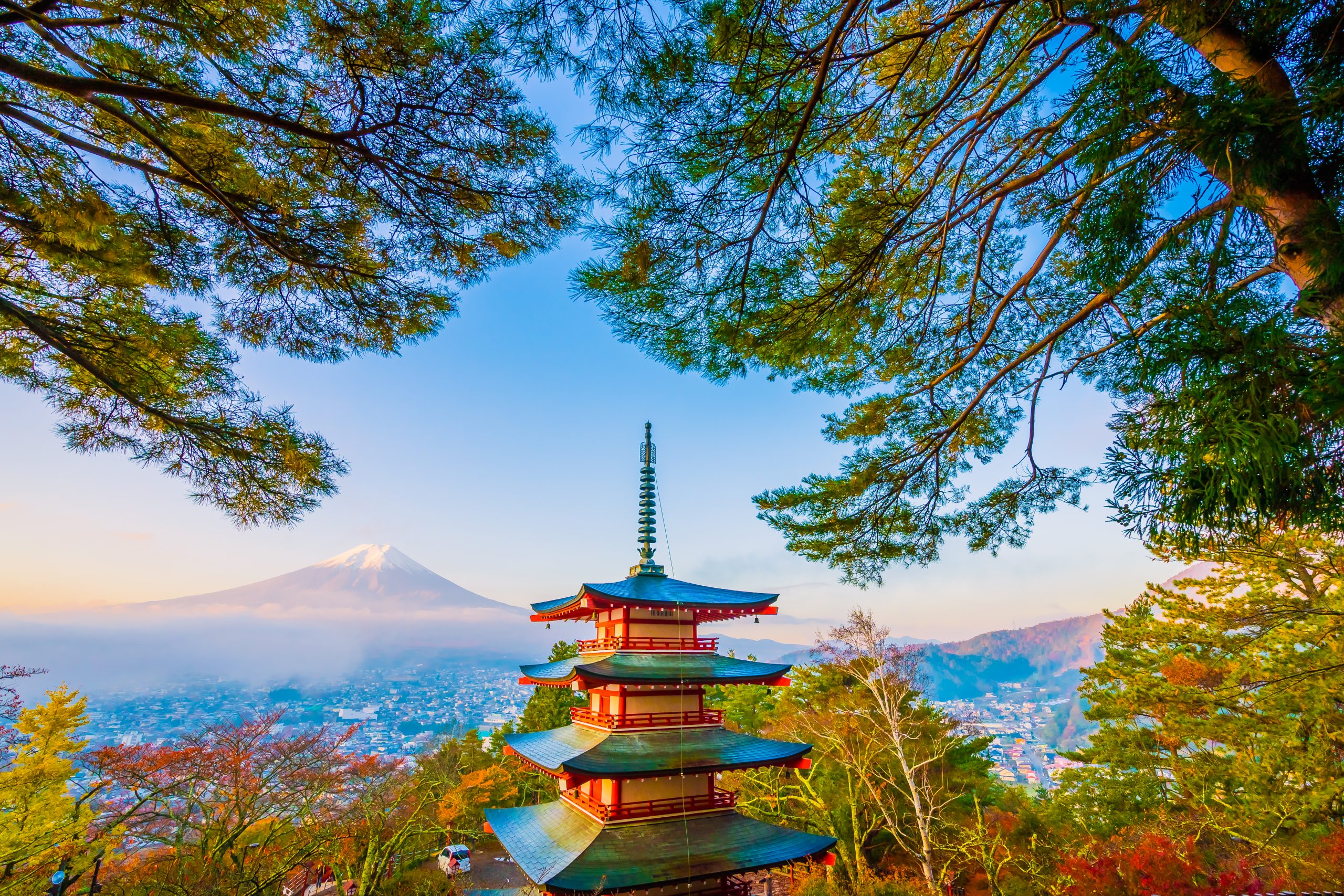 Beautiful landscape of mountain fuji with chureito pagoda around maple leaf tree in autumn season at Yamanashi Japan